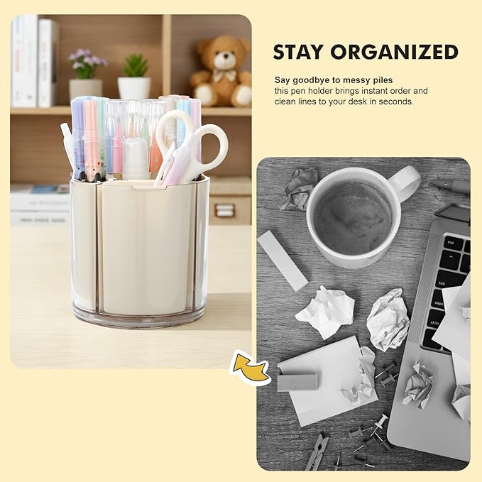 Comix 360° Rotating Pen Holder for Desk, Pencil Holder with 5 Slots, Cute White Plastic Desk Organizer for Home School Office Supplies