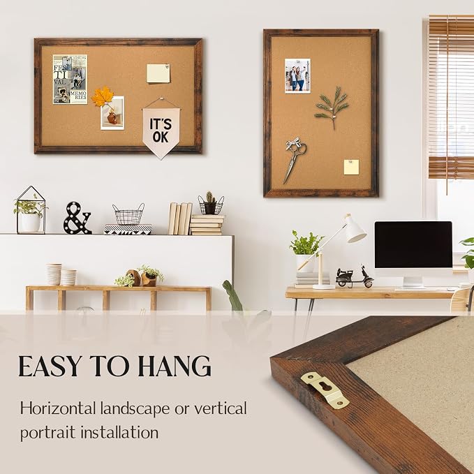 Cork Board Bulletin Board, 36"x24" Corkboard for Wall | Vintage Brown Wooden Frame, Decorative Pin Board, Message Board, Notice Board, Vision Board for Home, Office, Kitchen