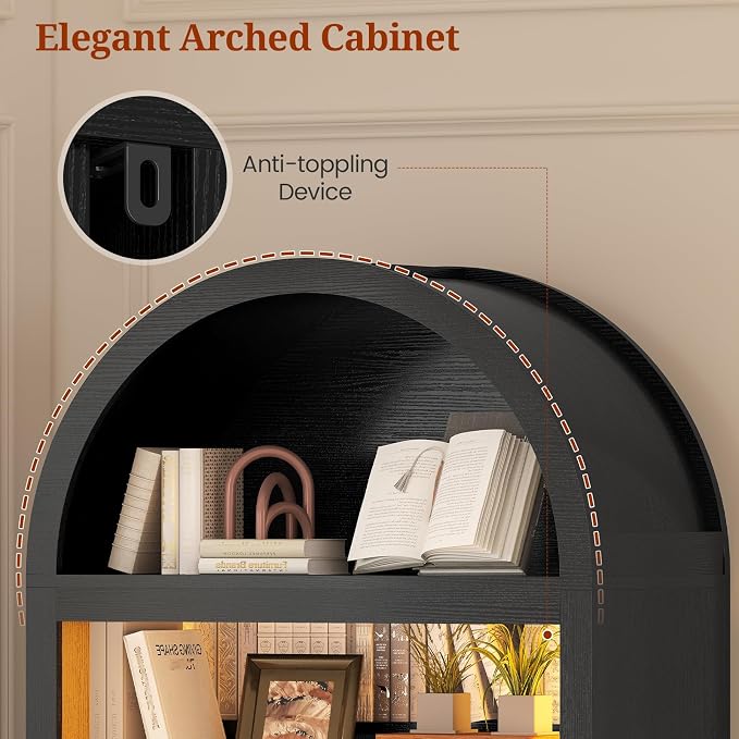 79.4"Tall Arched Cabinet,Bookcase with storage,Mid-Century Modern 7-Tier Bookshelf with RGB Light,2 Book Risers,Adjustable Shelf offering more space for Living Room,Kitchen,Home Office (Black)