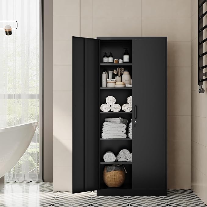 Fesbos Metal Storage Cabinet-71” Tall Steel File Cabinets with Lockable Doors and Adjustable Shelves-Black Steel Storage Cabinet for Home, School, Office, Garage