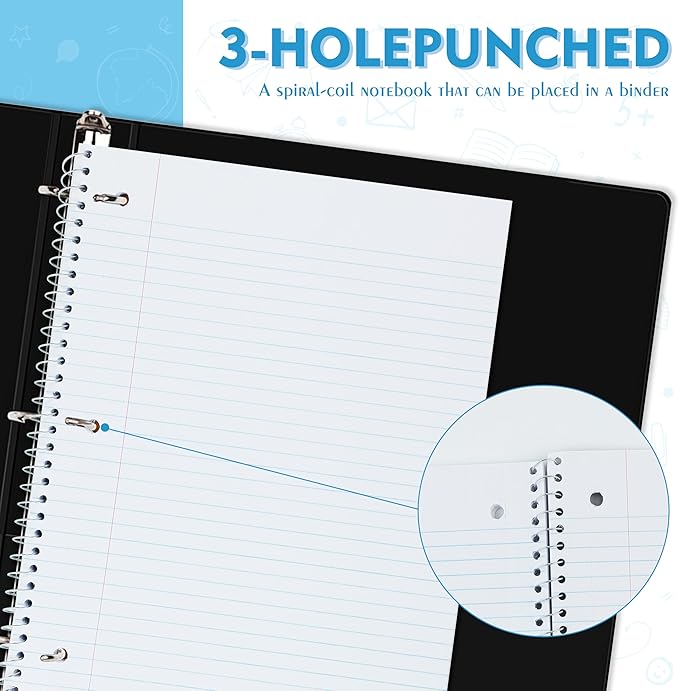 Yeplan Black Spiral Notebooks 6 Pack, College Ruled Notebook Paper, 1 Subject Notebook for School & Work, 8" x 10-1/2", 70 Sheets per Notebook, 6 Classic Black