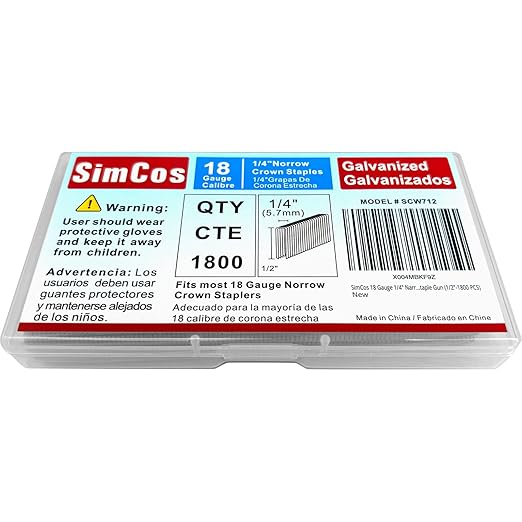18 Gauge 1/4" Narrow Crown Staples, Galvanized Upholstery Staples for 18 GA Pneumatic or Electric Stapler or Staple Gun (1/2"-1800 PCS)