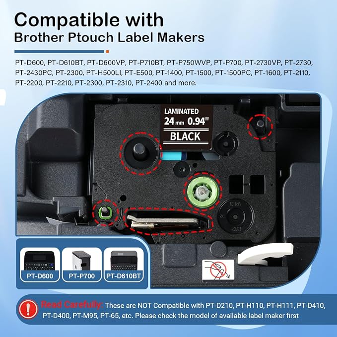 Black Label Tape 24mm TZe-355 Replace for Brother P Touch 1 Inch | Compatible with TZe TZ Tape 24mm 0.94 Laminated White on Black Work for Brother Ptouch PTD600 PTP710BT PTP700 P750W, 5-Pack