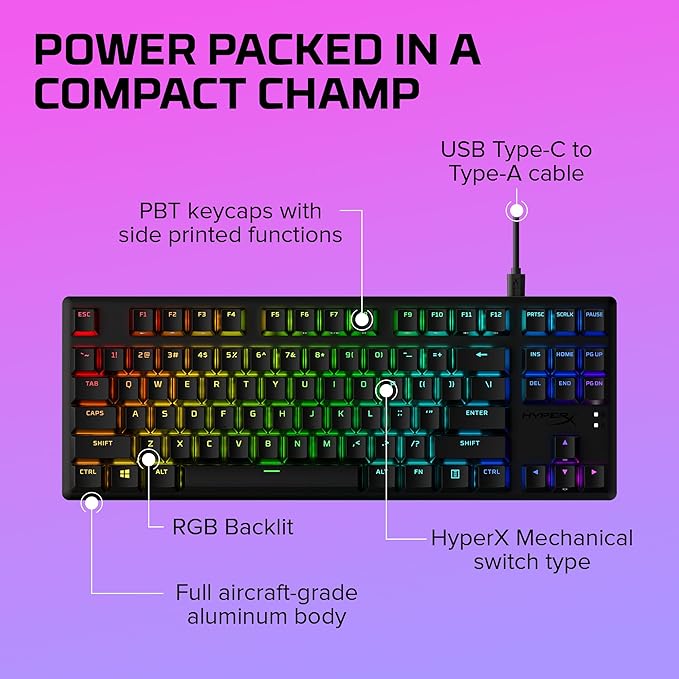 HyperX Alloy Origins Core Mechanical Gaming Keyboard PBT Keycaps Tenkeyless TKL Blue Switch Clicky LED RGB Backlight Playstation Xbox Licensed for PC, PS5, PS4, Xbox Series X|S, Xbox One, Desk Setup