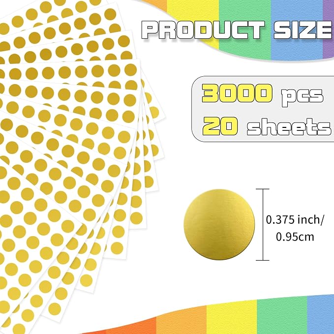 Dot Stickers - 3/8 Inch Gold Circle Labels, 3000pcs Self-Adhesive Color Coding Round Stickers for Office, Classroom, Garage Sale