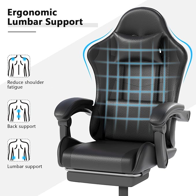 Gaming Chair with Headrest and Lumbar Support, Ergonomic High Back Office Chair, Racing Style Executive Computer Desk Chair, Leather Adjustable Swivel Task Chair for Home Office (Black)