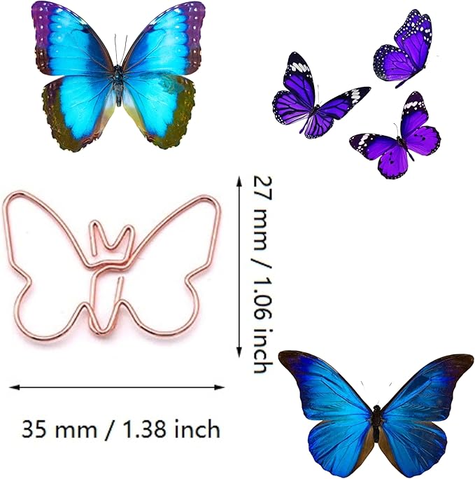 Cute Paper Clips, Butterfly Paperclips, Smooth Metal Paper Clips for File Organization or Decoration - Perfect for Home, Office, School.40 Pcs/Box, Pink, Gold, Rose Gold