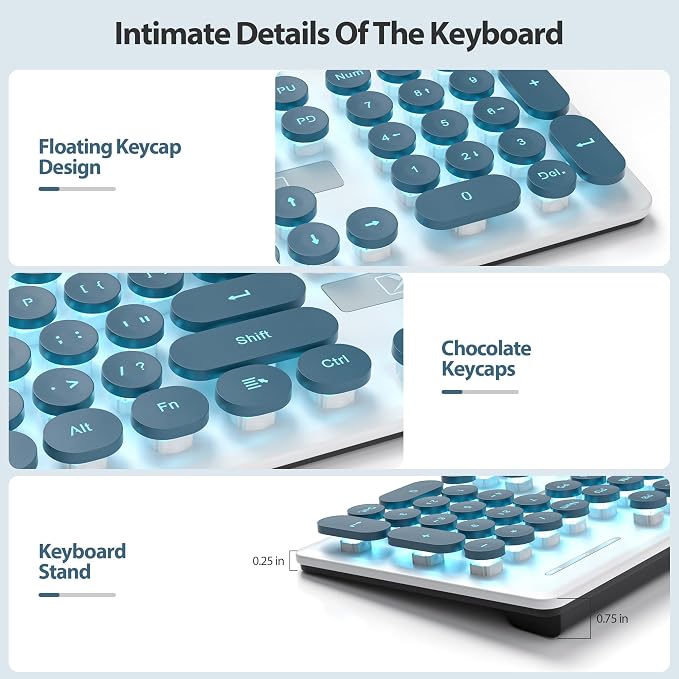 surmen Cute Quiet Keyboard Blue Wired Typewriter Keyboard, Light Up Backlit PC Keyboards with Retro Round Keys Full Size 104 Keys for Office Computer (Blue)