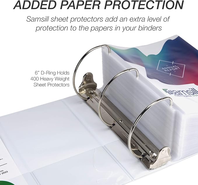 Samsill Durable 6 inch 3 Ring Binder, Locking D Ring Binder, Customizable Clear View Cover, White, 6-Pack, Holds 1225 Pages