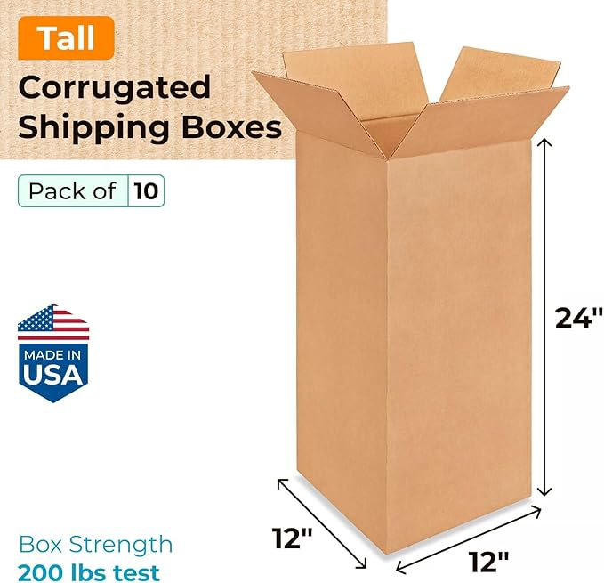 Tall Moving & Shipping Boxes 12x12x24 inches (10-Pack) - Extra Strength 200 lb vs Regular - USA-Made Corrugated Durable Moving Boxes - Box for Packaging - Packing Box for Shipping by IDL Packaging