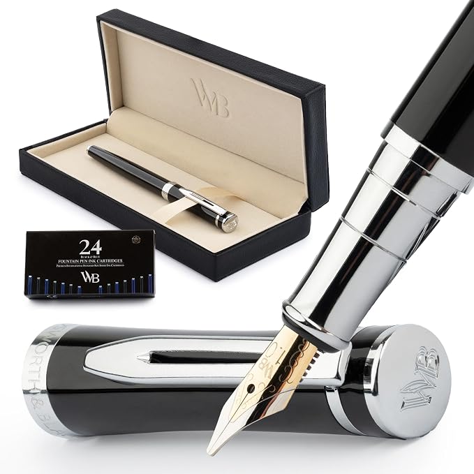 Wordsworth & Black Luxury Fountain Pen Set for Writing, Broad Nib, Black | Gift for Men & Women, Brass Body, German Iridium, Calligraphy, Converter + 24 Ink Cartridges, Refillable, Leak-Free