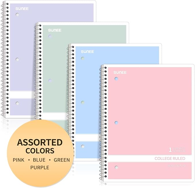 SUNEE Spiral Notebooks College Ruled, 1-Subject, 4 Pack, 8 x 10-1/2 in, 70 Sheets, 3-Hole Punched 70gsm Paper, Pastel Pink, Purple, Blue, Green for School, Home & Office, Writing Journal