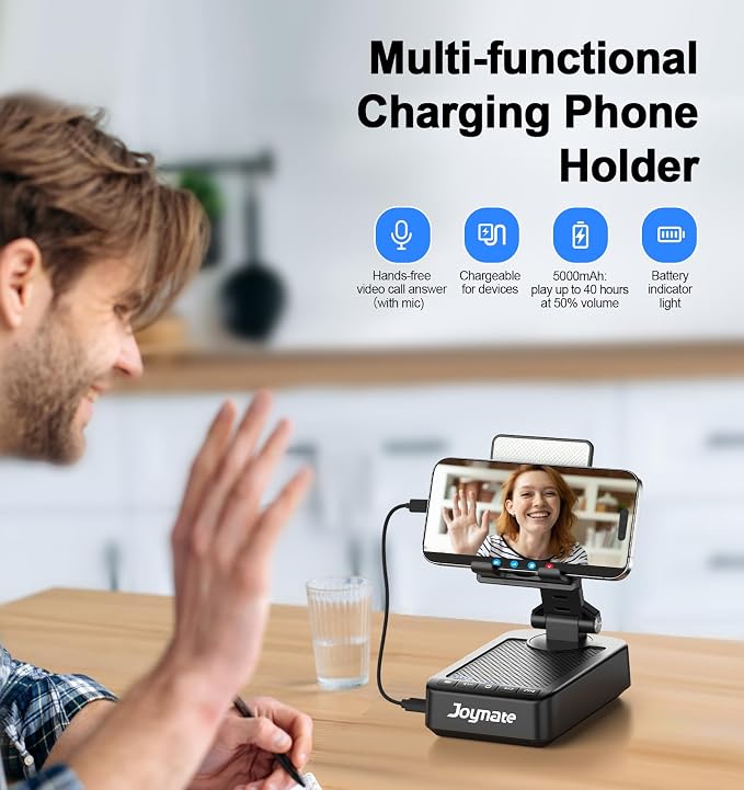 Gifts for Men Women, Phone Stand with Bluetooth Speaker and Charging Function 360° Rotable Angle Adjustable Cell Phone Holder with HD Stereo Sound Fits All Phones,Tablet (Black)