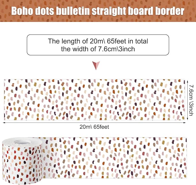 Zonon 65 Feet Bulletin Board Borders Boho Dots Trim for Classroom | White with Colorful Dots, Straight Edge Design, Ideal for Classroom Bulletin Boards, Back to School Decoration