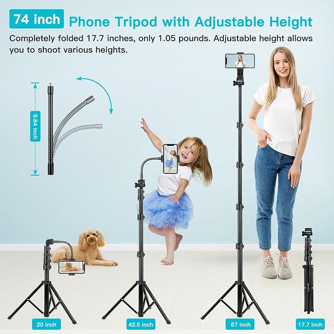 74" Flexible Phone Tripod, Tall Cell Phone Tripod with Adjustable Gooseneck | Portable Camera Cellphone Stand with Remote for Video Recording, Compatible with iPhone Android