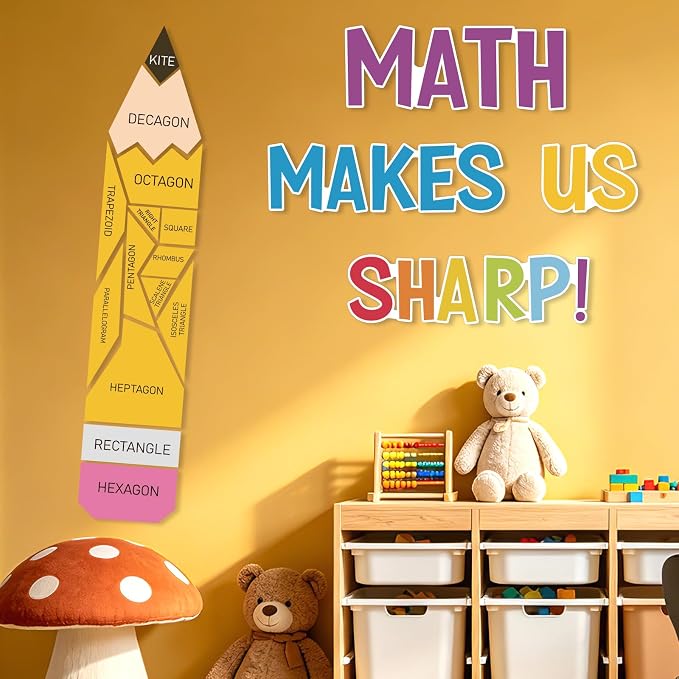 21Pcs Math Bulletin Board Decorations Sets, Pencil Decorations for Classroom, Educational Math Makes Us Sharp Geometry Paper Cutouts for Back to School Teachers Supplies Window Door Wall Decor