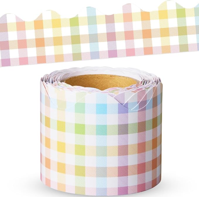 32.8 Ft Pastel Gingham Bulletin Borders Classroom Scalloped Trim | Rainbow Pastel Scalloped Trim, Classroom Office Borders, Easy Cut Adhesive Backing for Bulletin Display Party Decorations