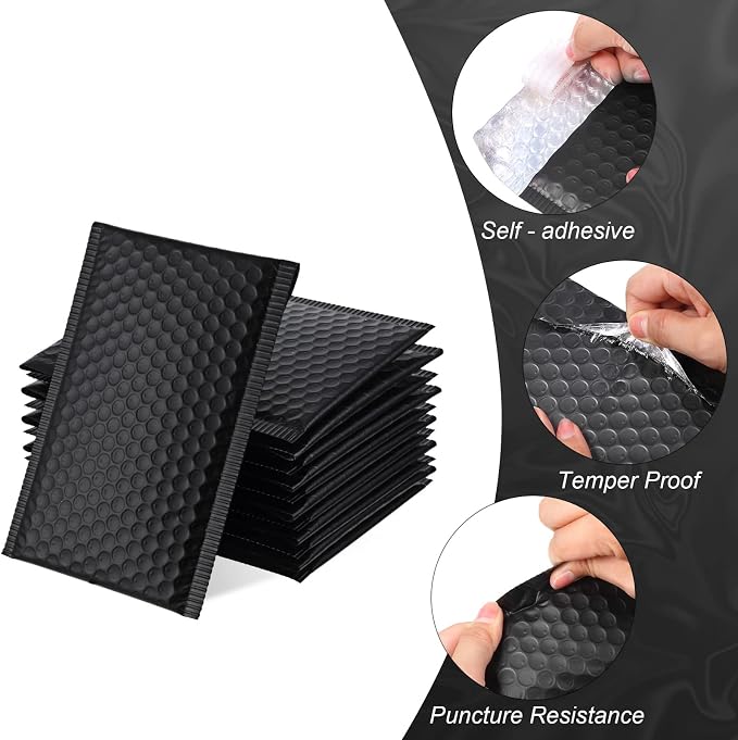 50 Pieces Bubble Mailers 3 Sizes Self Seal Adhesive Poly Mailers Metallic Foil Glitter Padded Shipping Bubble Envelopes for Valentine Mailing Packing Small Business (Black)