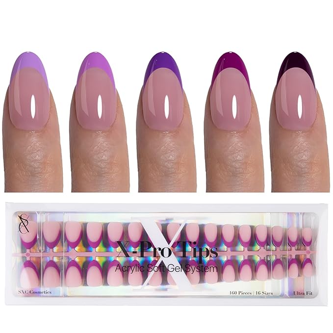 SXC Cosmetics French Tip Press On Nails 150 Pieces in 15 Sizes Ultra Fit with Pre-applied Tip Primer and Base Coat, No Need to File Fake Nails for Nail Art DIY X-Pro Tips (5PURPLE114-S Almond)