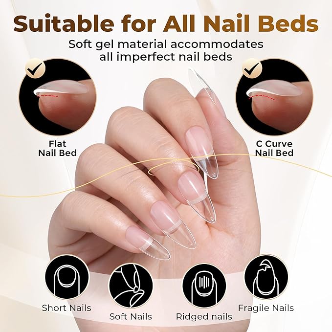 UNA GELLA Almond Gel Nail Tips, 504PCS Pre Etched Clear Fake Nails Tips Medium Almond Shape - 12 Sizes Full Cover Soft Acrylic Press On Nail Extensions No C Curve Gift for Diy at Home