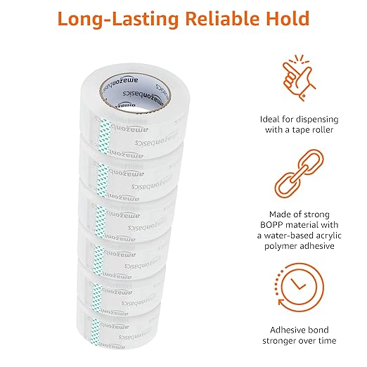 Amazon Basics Packing Tape, Strong & Durable for Moving, Storage, Shipping, Mailing and Sealing, Crystal Clear, 1.88" x 109 Yards, 6-Pack