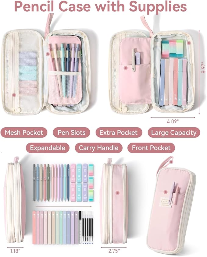 Four Candies School Supplies with Cute Pencil Case, 39ct, Pink | Back to School Stationery Set, Essentials for College & Nursing Students, 5 Gel Pens, 6 Mechanical Pencils, 12 Highlighters