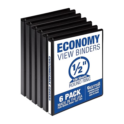 Samsill 0.5 Inch 3 Ring Binder, Economy Round Ring, Clear View Cover, 100 Sheet Capacity - for School, Home, Office - Black, 6 Pack
