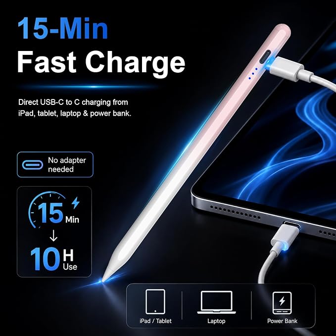 Stylus Pen for Apple iPad 2018-2026 for Note Drawing Pink White | 15Min Fast Charge iPad Pencil with High Precision, Tilt Sensitivity, Palm Rejection on iPad 6-11/Air/Pro/Mini, No Pairing