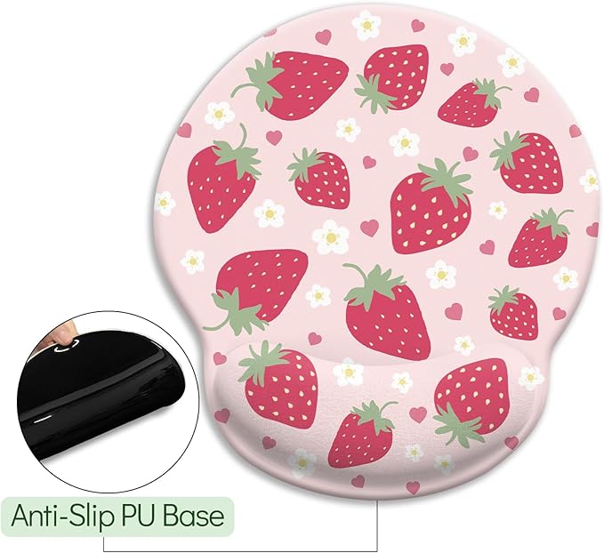 Pink Ergonomic Mouse Pad with Wrist Rest, Gaming Mousepad with Non-Slip Pain Relief PU Base, Cute Pink Strawberry Office Desk Accessories Decor Supplies - Sweet Valentine‘s Day Gift