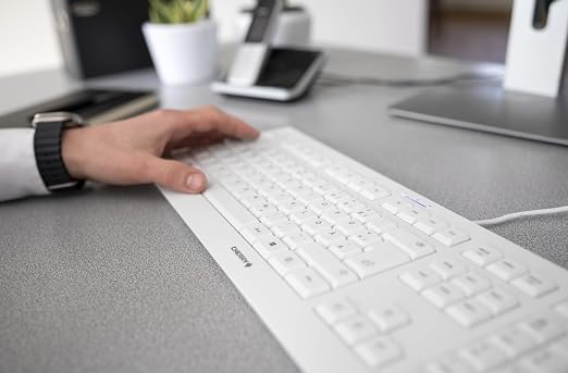Cherry KC 1000, Wired Keyboard with Number Pad for PC/Laptop, Plug & Play (USB-A Connection), Slim Design, Whisper Quiet Typing, 4 Hot Keys, QWERTY, Pale Gray