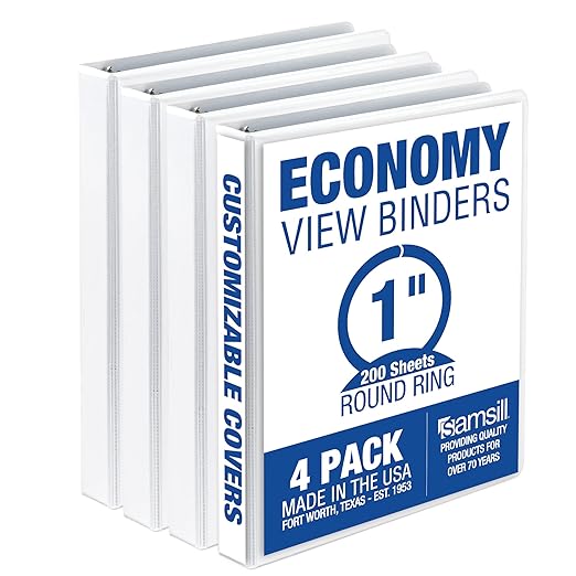 Samsill 1 Inch 3 Ring Binders, Economy Round Ring, Clear View Cover, 200 Sheet Capacity - for School, Home, Office - White, 4 Pack