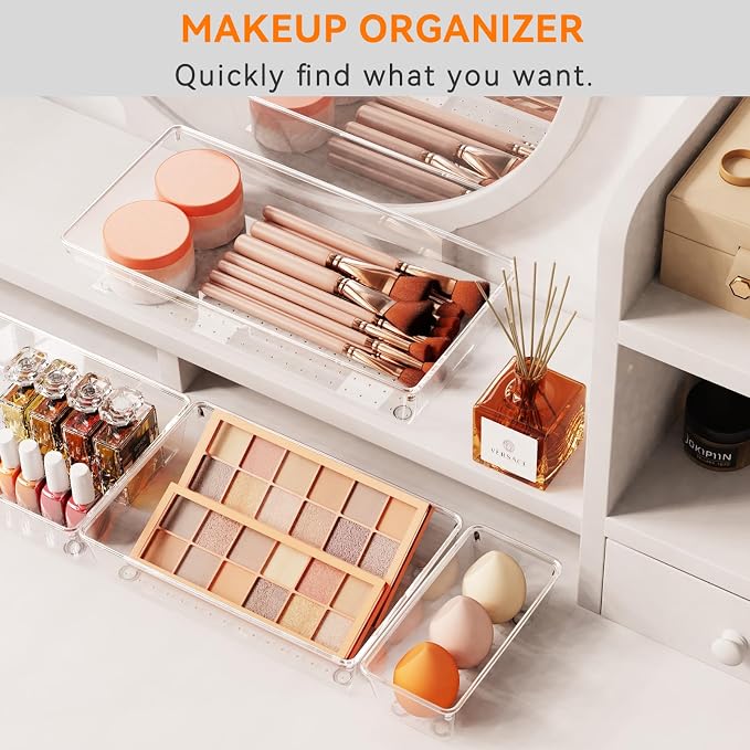 21 Pack Large Clear Plastic Drawer Organizer Trays | BPA-Free Acrylic Organizer Bins for Large Kitchen Utensils, Bathroom, Makeup, Jewelries, Office Desk, School Supplies, Perfume