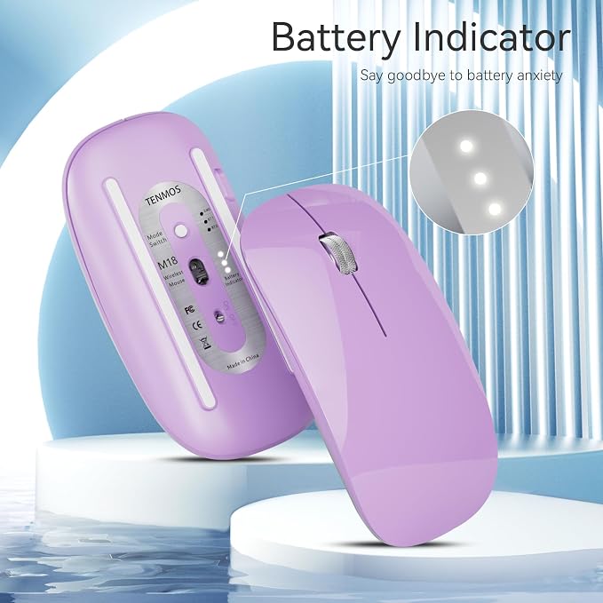 TENMOS M18 Bluetooth Mouse, USB C Rechargeable Wireless Mouse,Silent-Purple | Tri-Mode BT5.1/5.0+2.4G, Quiet Click, Portable, Battery Level Visible, USB Receiver,Type C Adapter, for Laptop/MacBook/iPad