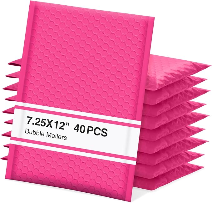 UCGOU Bubble Mailers 7.25x12" 40 Pack Usable Size 7.25x11" Hot Pink Padded | Waterproof Self Seal Adhesive Medium Padded Envelopes for Small Business Bulk Bubble Wrap Mailers for Mailing Jewelry Makeup