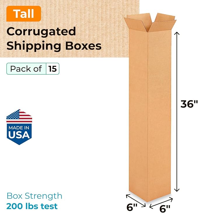Tall Moving & Shipping Boxes 6"L x 6"W x 36"H (15-Pack) - Extra Strength 200 lb vs Regular - USA-Made Corrugated Cardboard Box - Box for Packaging - Durable Shipping Box by IDL Packaging