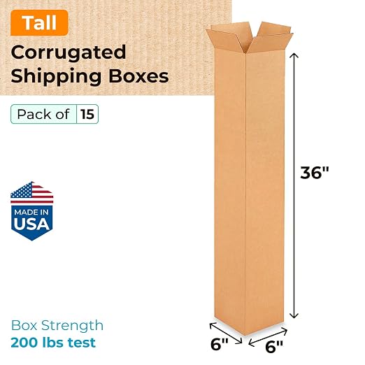 Tall Moving & Shipping Boxes 6"L x 6"W x 36"H (15-Pack) - Extra Strength 200 lb vs Regular - Corrugated Cardboard Box, Made in USA - Box for Packaging - Durable Shipping Box by IDL Packaging | Extra Strength 200 lb vs Regular - Corrugated Cardboard Box...