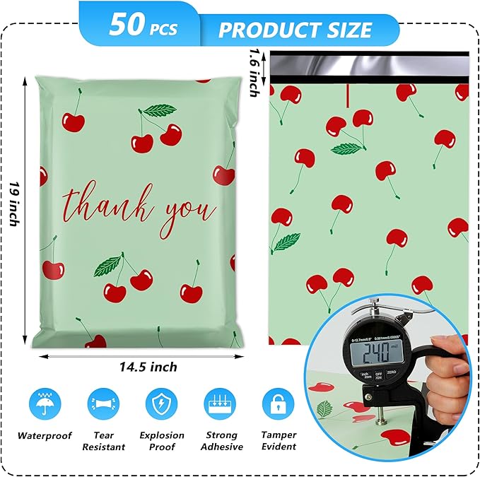 Thank You Poly Mailer 14.5x19 Inch 50 Pcs, Waterproof and Tear-Resistant Shipping Bags for Clothing, Strong Mailing Bags with Self-Seal, Cute Packaging Bags for Small Business - Cherry