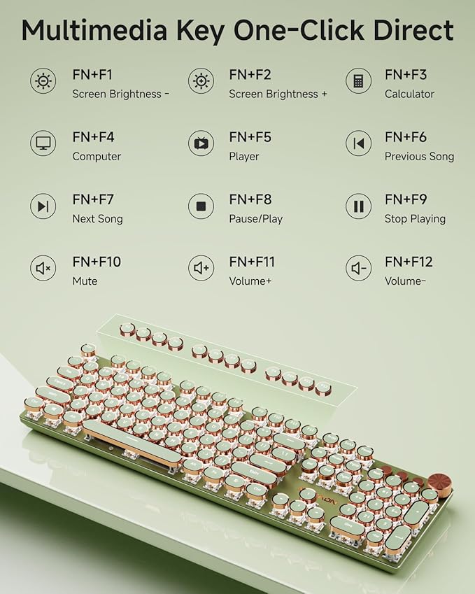 EWEADN Typewriter Style Mechanical Keyboard, Wired Typewriter Keyboards,104 Keys Backlit LED Metal Keyboards, Media Control Knob, Wired Computer Keyboard Pink Switch for Windows/Mac/PC-Green
