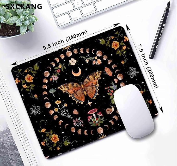 Moth Mouse Pad, Mushroom Moon Phase Mousepad, Boho Flowers and Leaves Computer Small Cute Mouse Pad, Washable Cloth Non-Slip Rubber Base Mouse Mat for Office, Orange and Black