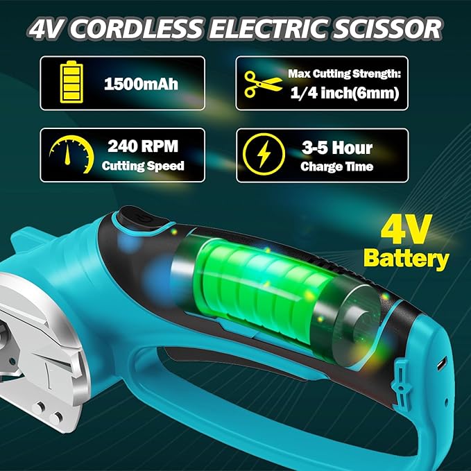 Cordless Electric Scissors, 4V Rechargeable Box Cutter & Cardboard Cutter with Titanium Blade, LED Light, Safety Lock - Rotary Cutter for Fabric, Leather, Carpet, Plastic, Crafting, Sewing(Turquoise)