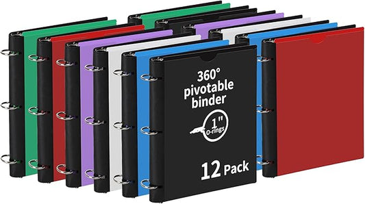 12 Pcs 360° Pivotable 3 Ring Binder, Soft 1 inch Binders 3 Ring, Flexible Thin Soft Three Ring Binder Fits 8.5" x 11", for Home, School and Office-Black, White, Blue, Green, Red, Purple