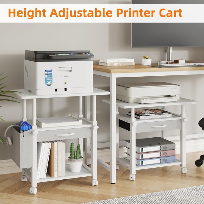 YAOHUOO 22"x15" Large Printer Stand with Drawer, 3-Tier Rolling Table Cart | Storage Drawer and Side Bag,Height Adjustable Cart,Fit printer/fax/3d/scanner,4 lock wheels or feet,White