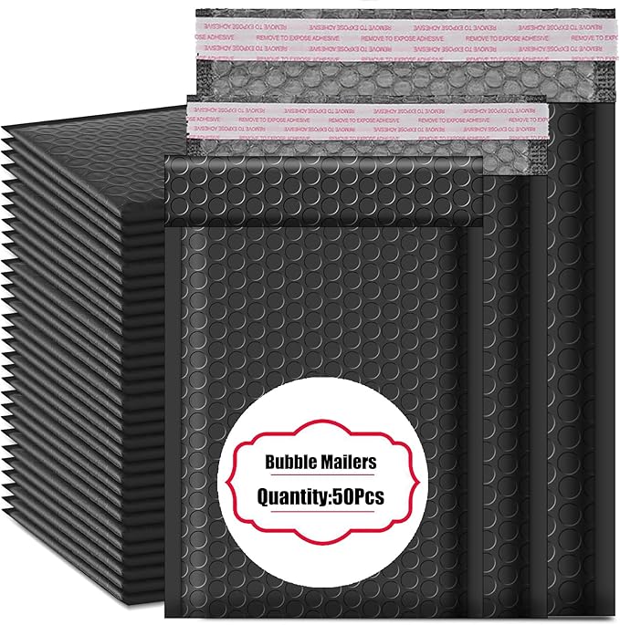 50 PCS Bubble Mailers, Black Poly Padded Envelopes, Waterproof Shipping Bags, Self Seal Cushion Envelopes for Mailing, Shipping, Packing, Small Business, 3 Sizes