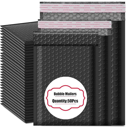 50 PCS Bubble Mailers, Black Poly Padded Envelopes, Waterproof Shipping Bags, Self Seal Cushion Envelopes for Mailing, Shipping, Packing, Small Business, 3 Sizes