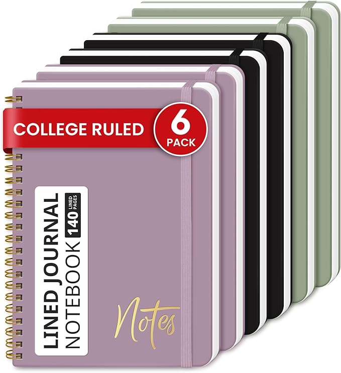 Lined Spiral Journal Notebook for Women, 6 Pack, A5 College Ruled Journals for Writing, Hardcover Notebooks for Work, Note taking and Office School Supplies,140 Pages, 6 Pcs - Multi