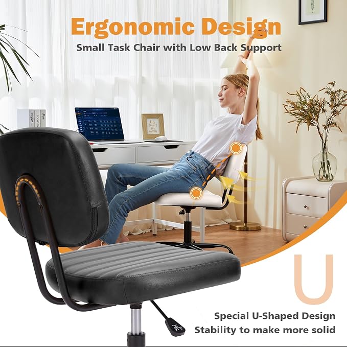 Sweetcrispy Office Desk Chair, Small Home Vanity Chair, Lumbar Support | Armless PU Leather, Height Adjustable Rolling Swivel Task, Bedroom Home Student, Black