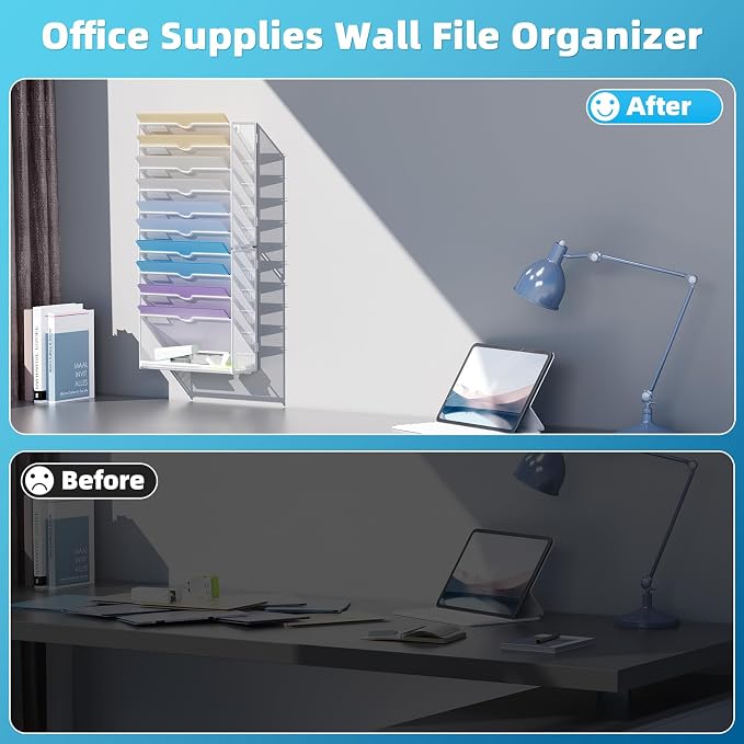 Marbrasse Wall File Holder 11-Tier Hanging Wall File Organizer, for Papers, Files Clipboard & Magazine Organizer, Wall Mount File Holder Great for Office Home (White)