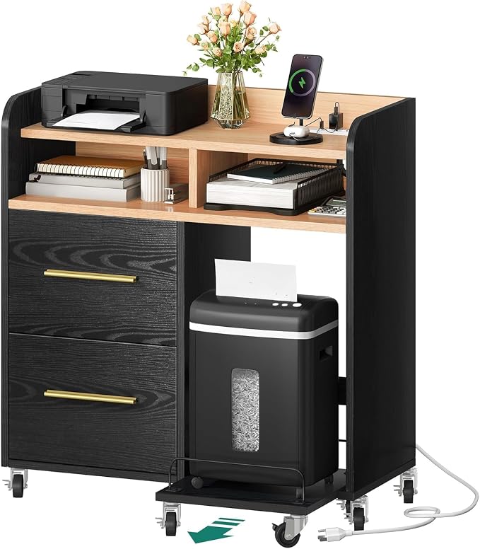 YITAHOME File Cabinet with Charging Station | Printer Table Cabinet for Home Office,Printer Stand Cart,Fits A4,Letter,Legal Size Files,Office Furniture,Black