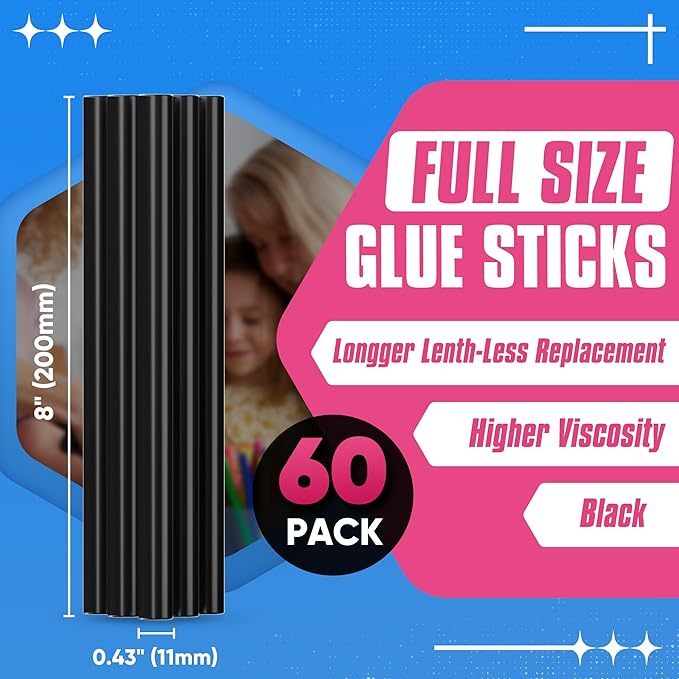 EZUVITA Full Size Hot Glue Sticks, 0.43” Dia x 8” Long, 60-Pack Black Hot Melt Glue Gun Sticks for All-Temp Full Glue Guns, Multipurpose for DIY Art Craft General Repairs, Festival Decorations