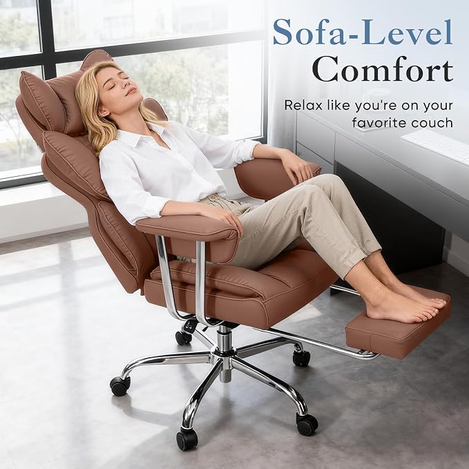 DUMOS Big and Tall Home Office Desk Chair, Executive Chair with Footrest | Scratch-Resistant PU Leather, Ergonomic Reclining, Pocket Spring Support, 400 LBS Weight Capacity, Brown